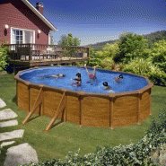 Piscine ovale acier 5,27m x 3,27m x h: 1,32m - imitation bois - filtration à sable - renforts apparents