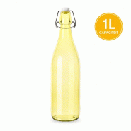 WDMT Bouteille en verre à bouchon mécanique 1 L – jaune – Ø 8,6 x 32 cm – réutilisable - jaune verre FN32698-GEEL_0