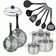 Batterie de cuisine 2 poêles 20/24 cm et couvercle, 3 faitouts 16/20/24 cm et 6 ustensiles Fackelmann Geneva - gris inox 3176239935639_0