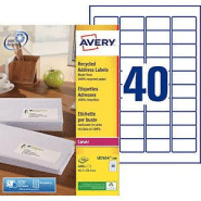 Avery LR7654 Etiquettes adresses recyclées blanches 45,7 x 25,4 mm pour imprimante laser -100 feuilles A4 - 4000 étiquettes par boîte Avery LR7654 Etiquettes adresses recyclées blanches 45,7 x 25,4 mm pour imprimante laser -100 feuilles A4 - 4000 étiquettes par boîte