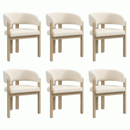 Merax lot de 6 chaises de salle à manger 60 x 51 x 80 cm, bois massif avec revêtement et accoudoirs bouclé beige, grand confort d'assise, coloris b