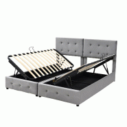 Merax Lit rembourré 180x200 cm, lit double en velours gris avec coffre hydraulique, tête réglable, divisible en 2 lits - gris multi-matériau LDU00
