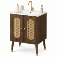 Merax meuble sous-vasque avec vasque en céramique, meuble de salle de bain à portes en rotin, fermeture douce et rangement, 61 x 47 x 89 cm, noyer -
