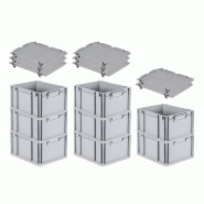 PROREGAL 8x Bac Euro NextGen Economy avec couvercle d'appui et 4 fermetures à glissière noires poignées fermées 22x30x40cm 20L - noir plastique RM