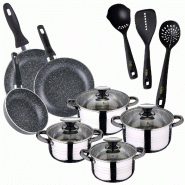 San Ignacio - Batterie de Cuisine Dina 8 pièces en Acier Inoxydable avec 3 Poêles Soul Marble Ø16/20/24 cm et Set de 3 Ustensiles de Cuisine - PK11104