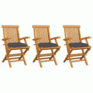 VidaXL Chaises De Jardin Avec Coussins Anthracite Lot De 3 Bois Teck - gris 3062529