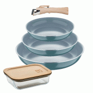 BERGNER - Jeu de 3 Poêles Ø18/20/24 cm en Aluminium Pressé Recyclé Vert avec Manche Amovible avec Hermétique de 650 ml en Verre Borosilicate - PK9684