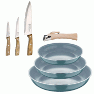 BERGNER - Ensemble 3 poêles Ø18/20/24cm aluminium pressé recyclé vert avec manche amovible et Ensemble 3 couteaux en acier inoxydable pour cuisine