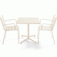Oviala Business Ensemble table 70 cm et 2 fauteuils de jardin en métal ivoire - blanc acier 114687