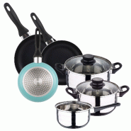 WellHome - Batterie de cuisine 5 pcs en acier inoxydable avec Jeu de 3 poêles Ø16/20/24cm bleu mat en aluminium pressé - multi-matériau PK8196