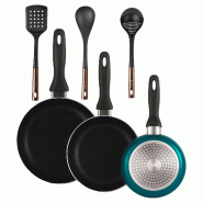 BERGNER - Set de 3 poêles Ø16/20/24cm en aluminium pressé bleu métallisé avec set de 3 ustensiles de cuisine en PBT noir et cuivre - PK9855