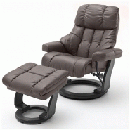 FAUTEUIL RELAX CLAIRAC XL ASSISE EN CUIR MARRON PIED EN BOIS COULEUR NOIR AVEC REPOSE PIED