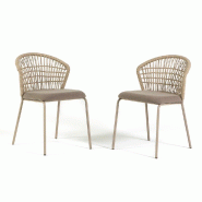 RATTATAN Set de 2 chaises avec dossier en corde tressée, coussin en tissu et structure en métal, design élégant pour cuisine, bars et restaurants