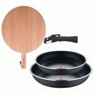 BERGNER - Ensemble de 2 poêles Ø22/26 cm en aluminium embouti noir avec poignée amovible et planche à découper ronde en bois de hêtre - PK9622