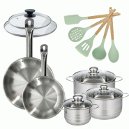 Lot de 2 Poêles 24/28cm et 3 Faitouts 16/20/24cm Fackelmann Etherna avec 5 ustensiles - 3176239920123
