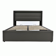 Merax Lit coffre hydraulique avec bande lumineuse LED, lit double, lit rembourré 140x200cm, lit fonctionnel, gris (avec matelas), gris - gris multi-m