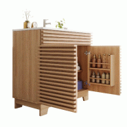 Merax Meuble de salle de bain 91 x 46 x 86,5 cm avec vasque en céramique, 2 portes, fermeture amortie et pieds hauts, coloris bois naturel - multi-ma_0