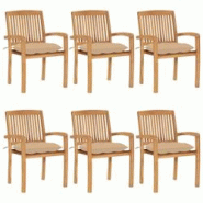 VidaXL Chaises De Jardin Empilables Avec Coussins Lot De 6 Teck Solide - beige 3073270 VidaXL Chaises De Jardin Empilables Avec Coussins Lot De 6 Teck Solide - beige 3073270