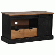 Helloshop26 - Meuble TV HALDEN avec porte coulissante et deux tiroirs 110 x 40 x 60 cm style rustique en bois noir 02_0057823 - noir Bois massif 30002