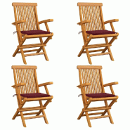 VidaXL Chaises De Jardin Avec Coussins Rouge Bordeaux Lot De 4 Teck - rouge 3065626