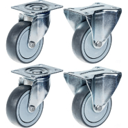 Roulette 80mm 3" à bandage caoutchouc gris, pivotante et fixe, capacité de 320kg, jeu de 4 Roulette 80mm 3" à bandage caoutchouc gris, pivotante et fixe, capacité de 320kg, jeu de 4