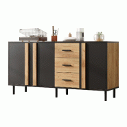 Merax Buffet 140 x 35 x 70 cm avec 3 portes, 3 tiroirs et 6 pieds en métal, noir/aspect bois naturel - multicolore Bois manufacturé N625P514551552Z