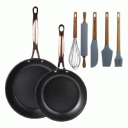 BERGNER - Ensemble de 2 poêles Ø20/24 cm en aluminium forgé noir mat avec ensemble de 5 ustensiles de cuisine en silicone et bois d'acacia - PK9534