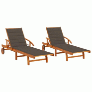 Helloshop26 - Lot de 2 transats chaise longue bain de soleil lit de jardin terrasse meuble d'extérieur avec coussins bois d'acacia 02_0012054 - gris