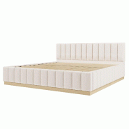 Merax Lit rembourré  180 x 200 cm, lit double avec sommier à lattes, tête de lit rembourrée et housse en chenille, beige - beige multi-matériau W_0