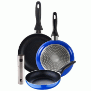 BERGNER - Ensemble 3 poêles Ø16/20/24cm aluminium embouti compatible induction Blue Navy Paradise avec pulvérisateur d’huile/vinaigre Acier inoxy