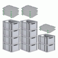 PROREGAL 10x Bac Euro NextGen Economy avec couvercle d'appui et 4 fermetures à glissière vertes poignées ouvertes 22x30x40cm 20L - noir plastique R