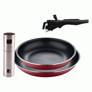 BERGNER - Ensemble 2 poêles Ø22/26cm aluminium embouti rouge avec poignée amovible et pulvérisateur d’huile/vinaigre Ø4 × 17,5cm en acier inox