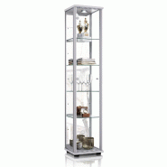 K-Möbel vitrine en verre en alu/ argent (176x37x33cm) avec 4 étagères en verre réglables en hauteur, miroir, serrure, LED - modèle de voiture vit