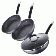 Masterpro - Ensemble de 2 poêles Ø20/Ø24 cm et wok Ø28 cm en aluminium forgé compatible induction gris - PK9028