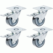 Roulette 50mm 2" à bandage caoutchouc gris, pivotante avec frein, capacité 160kg, jeu de 4 Roulette 50mm 2" à bandage caoutchouc gris, pivotante avec frein, capacité 160kg, jeu de 4