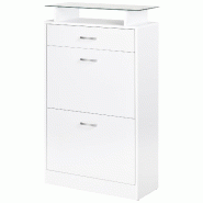 Helloshop26 - Armoire à chaussures entrée 60 x 24 x 105,5 cm rangement tiroir étagère verre moderne en panneaux de particules blanc 21_0002609 - b