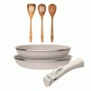BERGNER - Jeu de 2 Poêles Ø24/28 cm en Aluminium Embouti Antiadhésif avec Manche Amovible et Jeu de 3 Ustensiles de Cuisine en Bois d'Acacia - PK9490