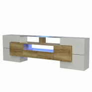 Lowboard Merax avec éclairage LED et plateau en verre, meuble TV avec corps brillant, aspect bois, largeur 200 cm, Naturel | Blanc - marron multi-mat