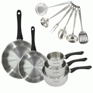 Set 2 poêles 24 et 28 cm, 3 casseroles en inox et 6 ustensiles inox Fackelmann Geneva - gris inox 3176239944662