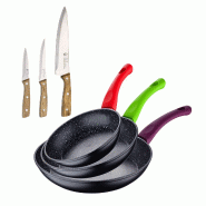 BERGNER - Jeu de 3 Poêles Ø18/Ø22/Ø26cm Jolie en Aluminium Forgé Compatibles Induction avec Set de 3 Couteaux en Acier Inoxydable - PK9300