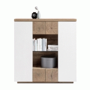 BUFFET HAUT HERNING 114 CM LAQUÉ BLANC MAT DÉCOR CHÊNE NOUEUX 2 PORTES 2 TIROIRS