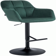 Décoshop26 - Tabouret de bar chaise haute x1 fonction rotation 360° en velours vert avec coutures décoratives piètement métal noir 10_0005270 - n
