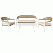 Emh Ensemble lounge Roppy CHR – aluminium blanc et rotin synthétique – mobilier professionnel extérieur - beige multi-matériau ROPPYLOUNGSETWH