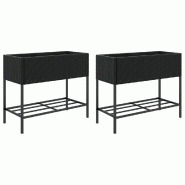 Helloshop26 - Jardinière bac lit surélevé plantes fleurs jardin terrasses avec étagère lot de 2 90 x 40 x 75 cm résine tressée noir 02_0038882