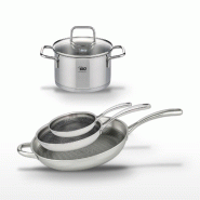 Lot de 3 Poêles Elo Relief Evolution 24/28/32 cm et Faitout 14 cm - gris inox 3176239954791
