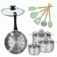 Lot Poêle 28cm avec couvercle Fackelmann Généva et 3 Faitouts 16/20/24cm avec 5 ustensiles Océan - 3176239920239 Lot Poêle 28cm avec couvercle Fackelmann Généva et 3 Faitouts 16/20/24cm avec 5 ustensiles Océan - 3176239920239