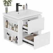 Merax lavabo 61×46×48.5cm, meuble de salle de bain suspendu avec LED, 2 tiroirs, étagères latérales, vasque en céramique intégrée, blanc - bla