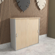 Armoire mi-haute à portes coulissantes - Mobel Linea - 100, Gris aluminium, Chêne moyen_0