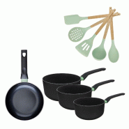 Batterie de cuisine avec 1 poêle 24 cm et 3 casseroles 16/18/20 cm et 5 ustensiles de cuisine Fackelmann Brandao Océan - noir aluminium 3176239920383_0