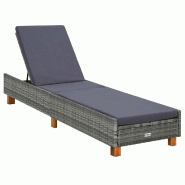 Helloshop26 - Transat chaise longue bain de soleil  avec coussin résine tressée gris 02_0012199 - gris Bois massif 3000668947768